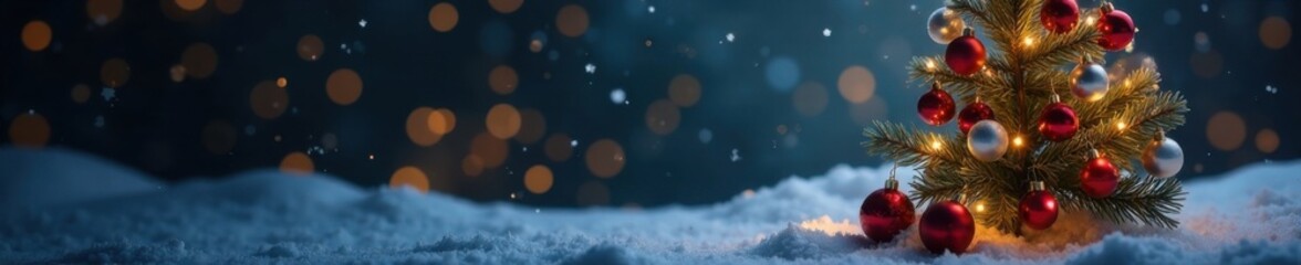 Frosted Christmas tree with ornaments and lights, frosted, holiday