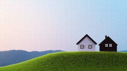 A charming house perched on a beautiful hill surrounded by lush greenery and clear blue sky