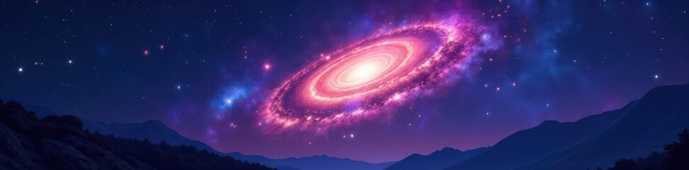 Cosmic night scene with vibrant stars and a spiral galaxy in the distance, cosmic, astronomy, universe