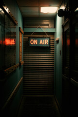 Nostalgic Radio Studio Hallway with a Glowing 'On Air' Sign in Warm Ambient Lighting