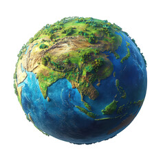Stunning 3d detailed earth globe showing asia green lush terrain map blue on transparent background