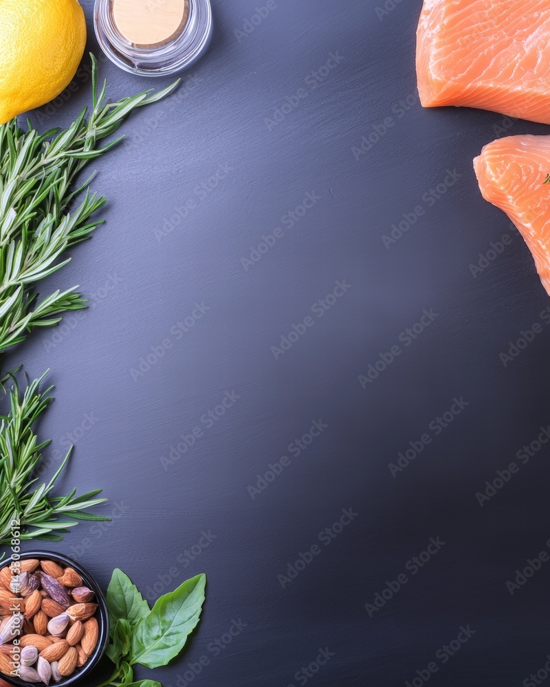 Poster an array of exquisite food varieties beautifully arranged on a dark background for visual appeal