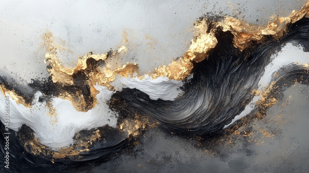 Poster elegant abstract artwork with dynamic flow of black, white, and gold tones creating fluid textures a