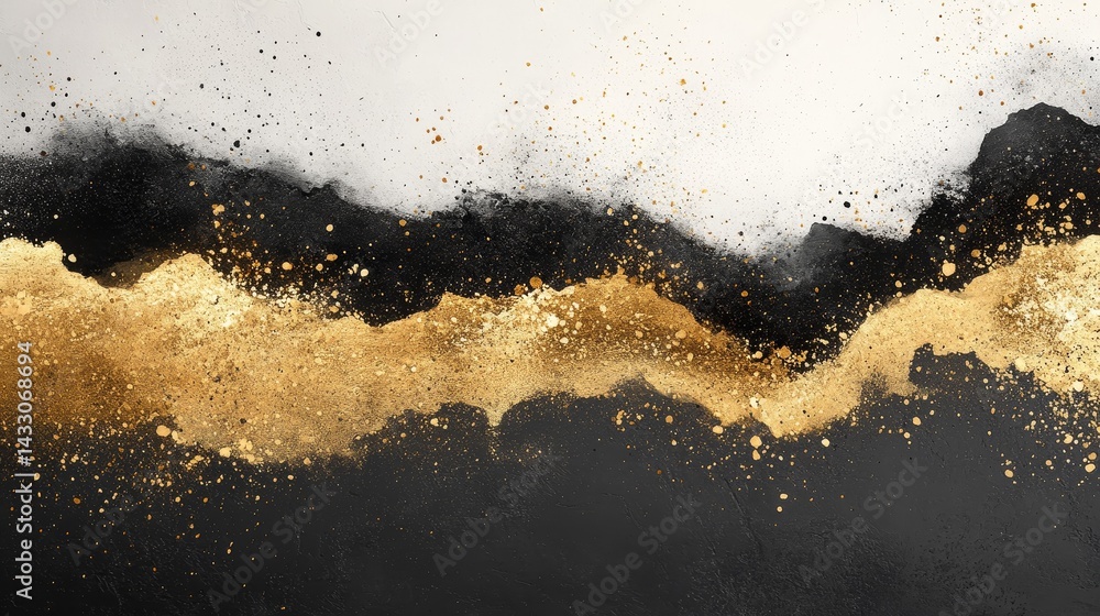 Poster elegant abstract artwork with dynamic flow of black, white, and gold tones creating fluid textures a