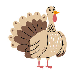 Flat vector illustration in a simple children's style. Cute turkey on white background. Farm animals . Vector illustration