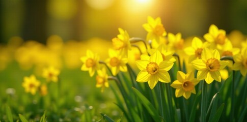 Obraz premium Dense yellow daffodils in a sun-drenched meadow, garden, field