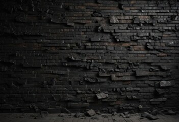 Fototapeta premium Dark, textured black brick wall; crumbling mortar, ominous atmosphere , shadow, ruined, contrast