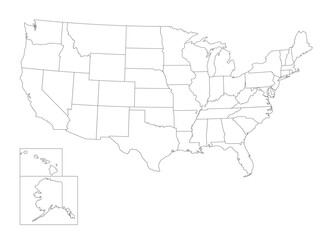 A map of the United States divided into states. The United States of America is divided into the administrative borders of the states.
