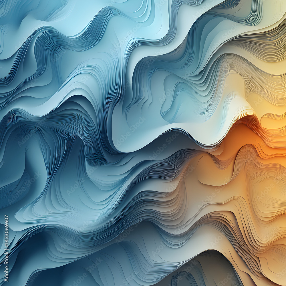 Poster abstract flowing forms: a mesmerizing display of fluid, layered forms unfolds in a gradient of cool 