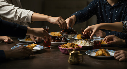 Shared Feast: Hands Reaching for Middle Eastern Cuisine at Night