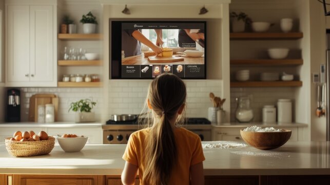 Girl watching online cooking class on smart tv in kitchen