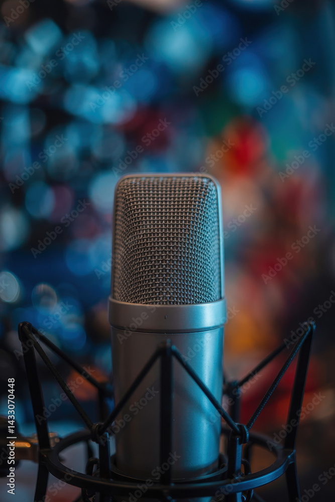 Poster professional studio microphone in focus with vibrant bokeh background for music recording