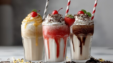 Three delicious milkshakes in vanilla, strawberry, and chocolate flavors with red and white striped straws standing against a clean blank white background in a refreshing and sweet food concept