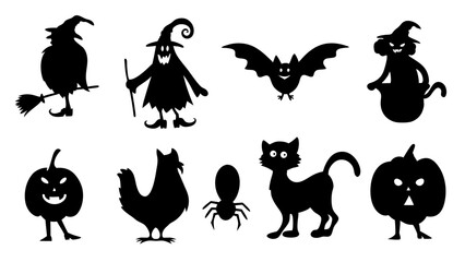 set of black halloween symbols silhouette vector on tranparent background