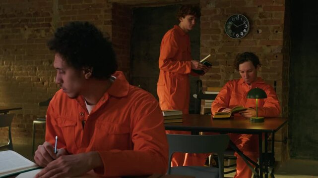 Gen Z male convict dressed in jumpsuit reading textbook and writing summary when studying in prison library, young inmate pushing trolley and handing out two books to another man sitting at table