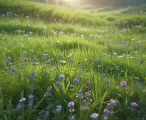 Fototapeta premium Emerald green meadow, wildflowers in bloom, soft focus, natural, bloom