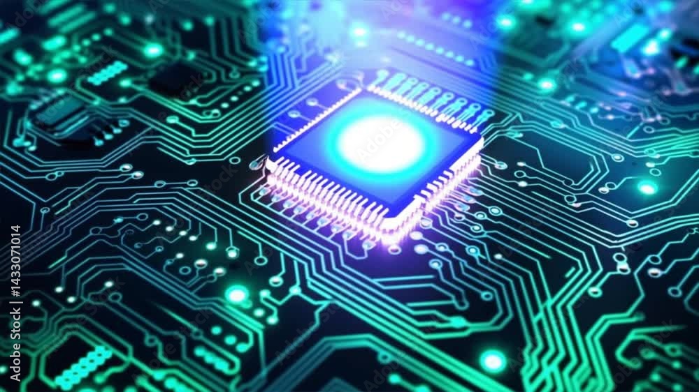 Aufkleber close-up view of a microchip on a circuit board showcasing intricate details and vibrant colors.