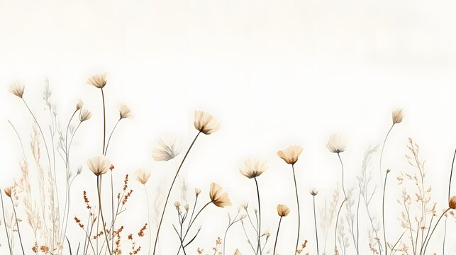 39. A collection of minimalist wildflowers with thin stems and soft, muted colors, arranged loosely on a white background to evoke a sense of natural simplicity