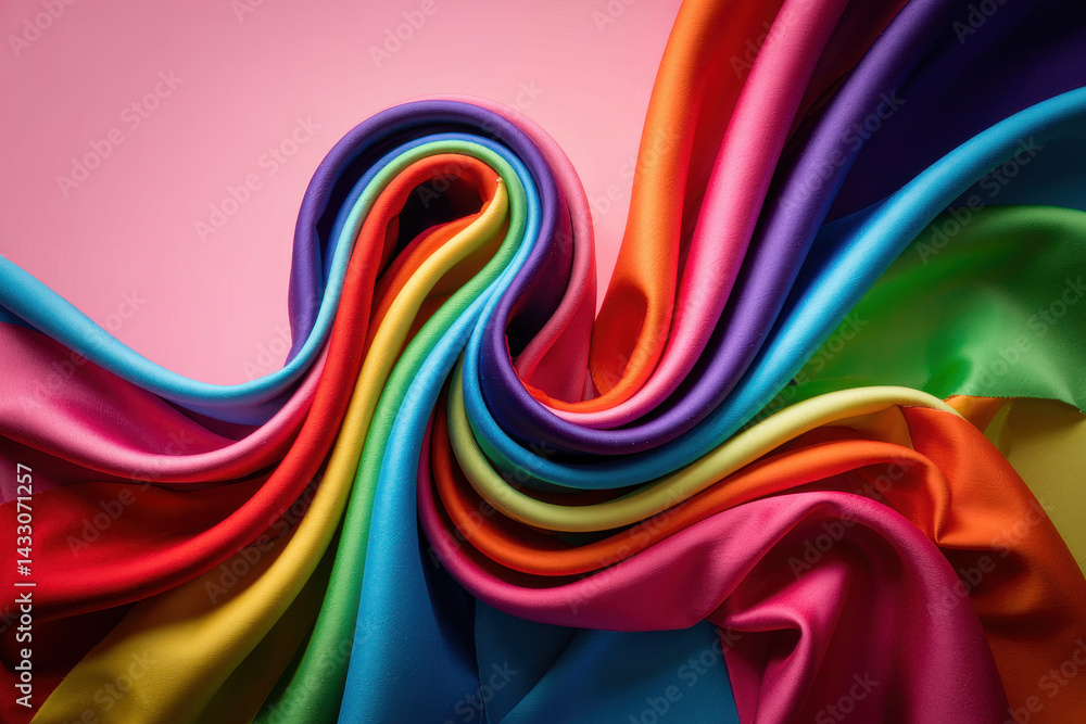 Poster Vibrant Swirl of Colorful Silks in a Playful Fabric Display on Soft Pink Canvas