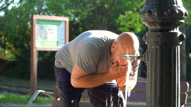 A man refreshes himself with fresh water in a fountain on a hot summer day in the park