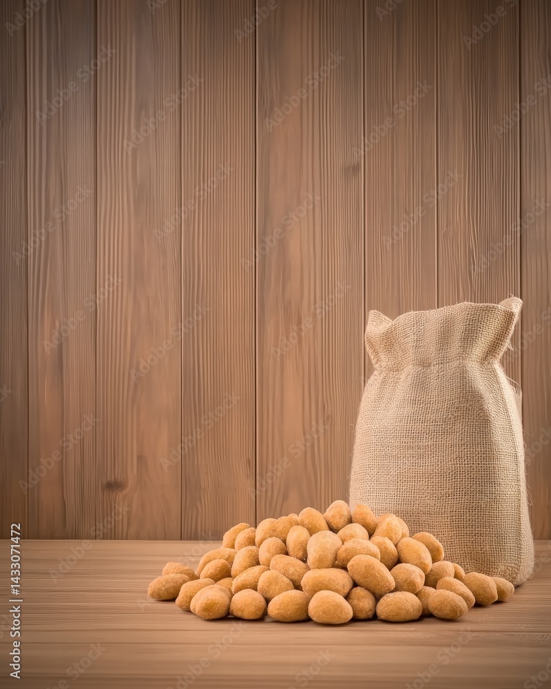 Poster a rustic sack of raw peanuts resting on a wooden table surrounded by natural elements and textures