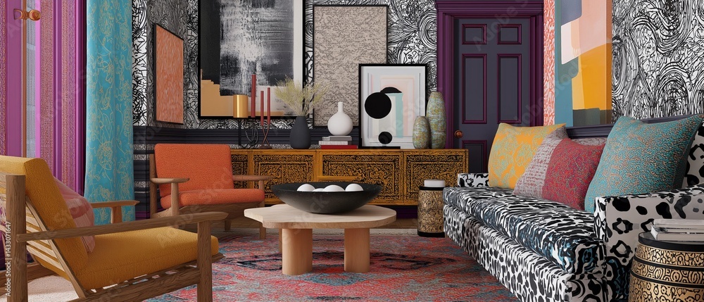 Poster living room with a colorful and eclectic style. the walls are covered in black and white abstract pa