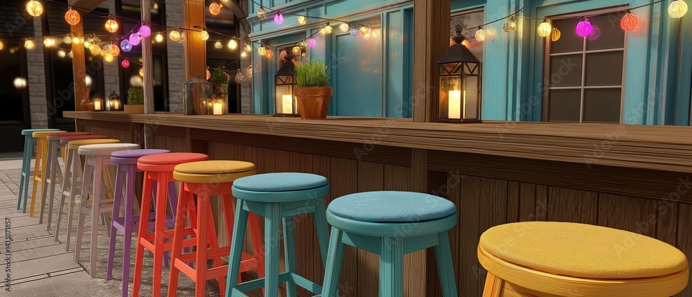 Poster row of colorful bar stools in front of a wooden bar counter. the bar counter is decorated with strin
