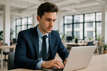 Jeune homme en costume travaillant sur un ordinateur portable dans un bureau moderne, concentr&eacute; sur des t&acirc;ches administratives ou financi&egrave;res dans un environnement lumineux