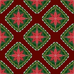 Seamless fabric pattern, red and green floral pattern