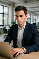 Jeune homme en costume travaillant sur un ordinateur portable dans un bureau moderne, concentré sur des tâches administratives ou financières dans un environnement lumineux