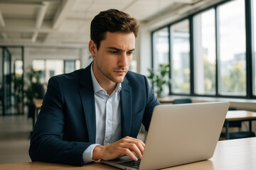 Jeune homme en costume travaillant sur un ordinateur portable dans un bureau moderne, concentré sur des tâches administratives ou financières dans un environnement lumineux