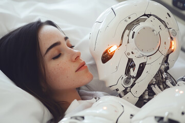 Long haired brunette young woman is sleeping in bed with robot, android. Technology concept.