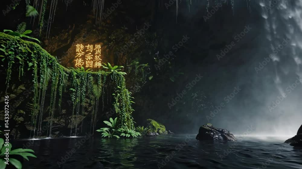 Poster Majestic waterfall surrounded by lush rainforest in a tranquil setting with rustic signage at twilight
