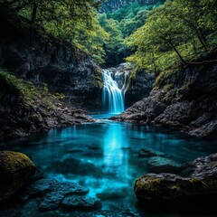 Serene Waterfall Cascading Over Rocks into a Turquoise River