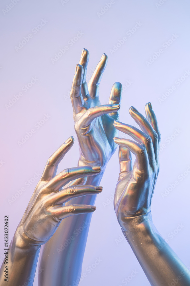 Poster elegant metallic silver hands reaching for connection in soft gradient light