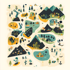 Creative Illustrated Map: A vibrant and playful illustrative map showcases an array of charming landscapes, including rolling hills, dense forests, winding rivers, and quaint settlements.