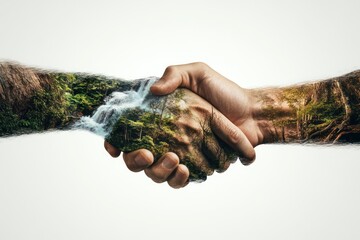 Human hand handshake with nature for earth day