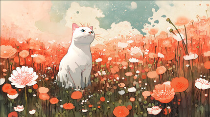 cat sitting in the middle of an orange and white flower field