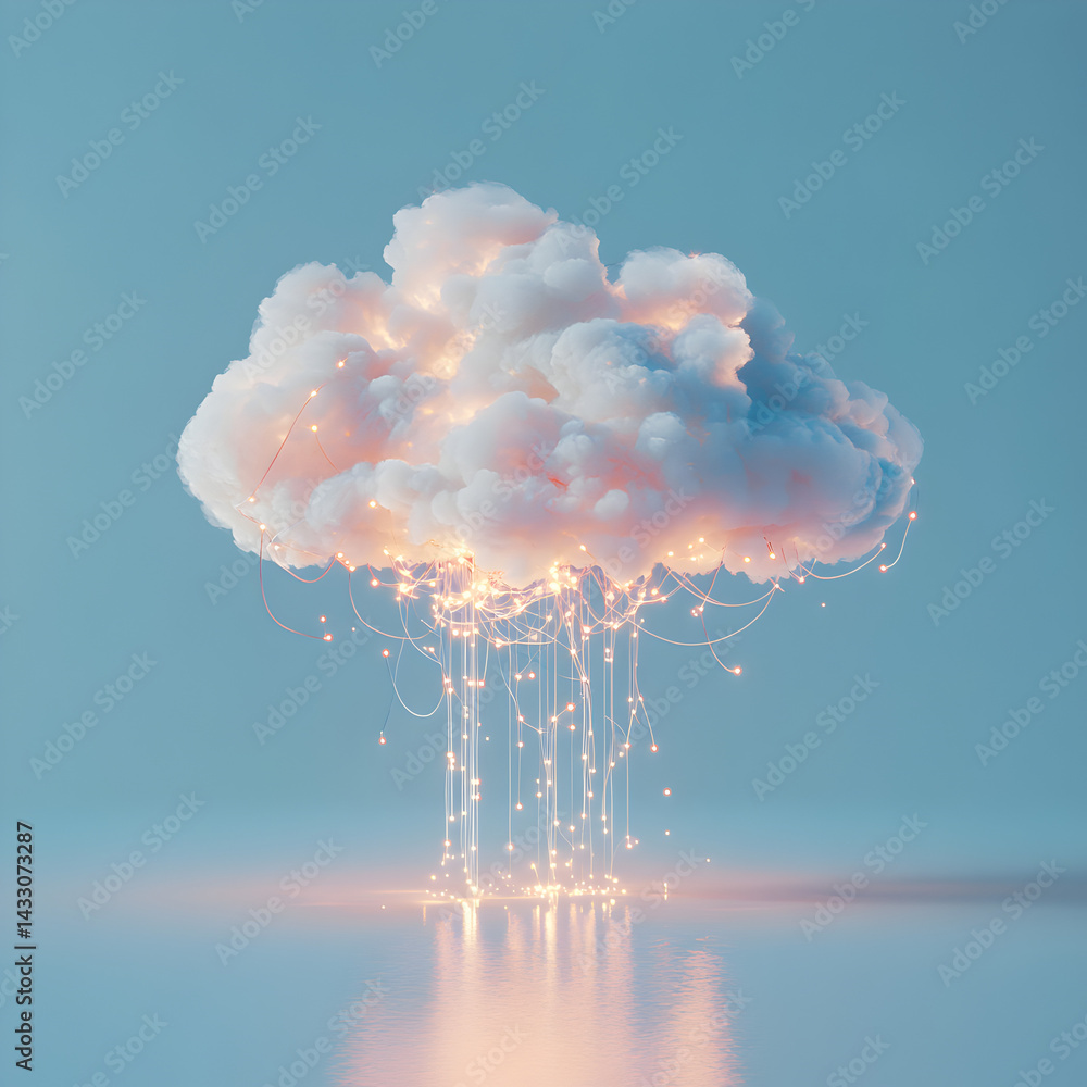 Poster digital cloud connectivity: a luminescent cloud, radiating light, symbolizes the essence of data sto