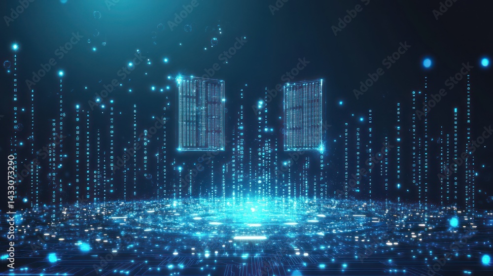 Poster data servers float over digital floor, data flowing, futuristic background