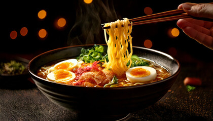 steaming bowl of ramen with vibrant toppings, including soft boiled eggs and greens, is elegantly presented in dark setting. Chopsticks lift noodles, adding dynamic touch