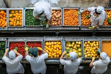Industrial workers sorting fruits in food plant
