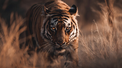 majestic bengal tiger walking through tall dry grass 