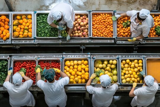 Industrial workers sorting fruits in food plant
