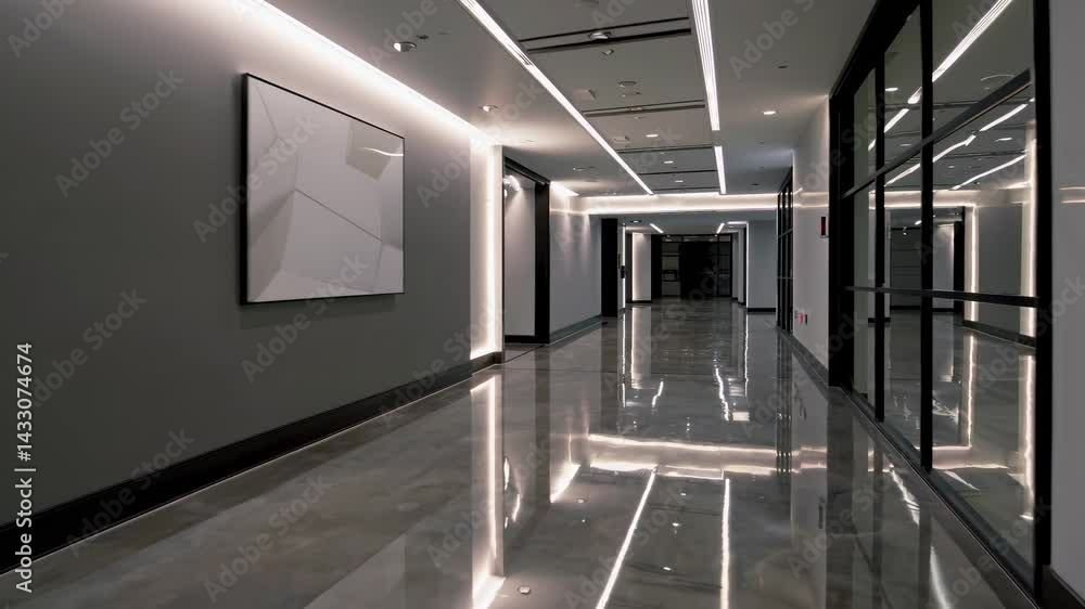 Poster modern hallway with sleek architecture and minimalist art at a contemporary building