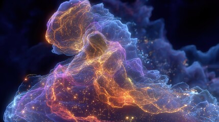 Obraz premium Abstract digital art piece that appears to be a representation of a nebula or a galaxy. the background is dark blue with a hint of purple and orange, creating a sense of depth and dimension.