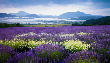 Obraz premium vibrant landscape painting depicts colorful lavender field with white wildflowers under serene blue sky, surrounded by distant mountains and lush greenery, evoking tranquility