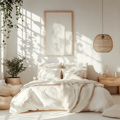 Bright Scandi Boho bedroom with white walls, wooden furnishings, and a framed mockup near bed – minimalistic and warm