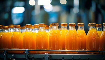 Clear glass bottles filled with orange juice are neatly arranged on production line, showcasing vibrant and fresh appearance. focus is on bottles with caps