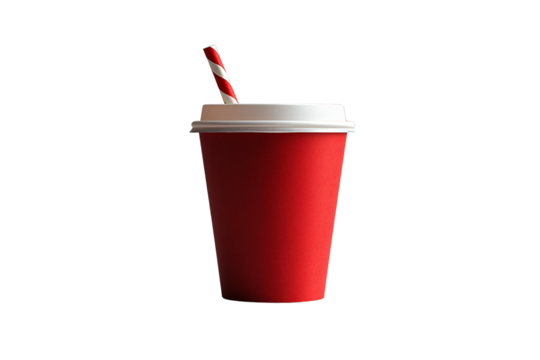 A vibrant red takeaway cup with a white lid and striped straw, stylishly minimalistic, isolated on a transparent background - Powered by Adobe